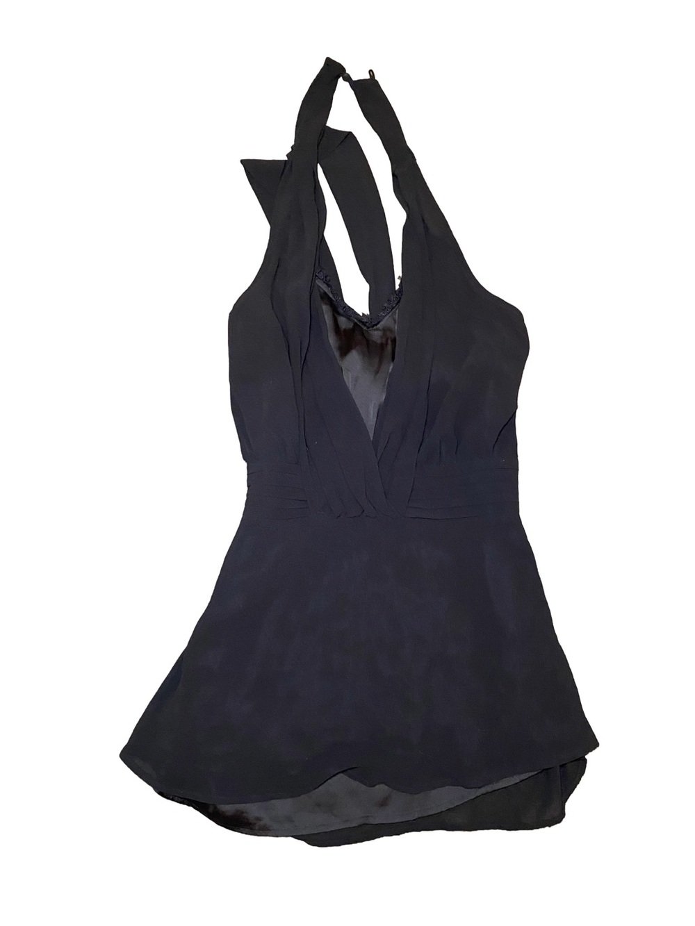 Vitta Luna Black Halter Mini Dress Deep V-Neck Lace Trim Size Large